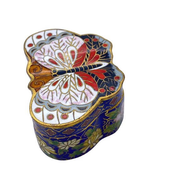 Cloisonne Butterfly pill box trinket box small white blue floral Enamel - Picture 6 of 10